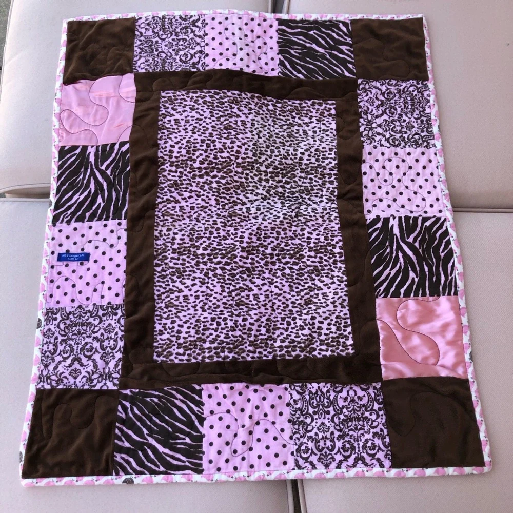 Lot Of 1 Baby Girl Pink Brown Green Cotton Quilt and 1 Soft Blanket Patchwork